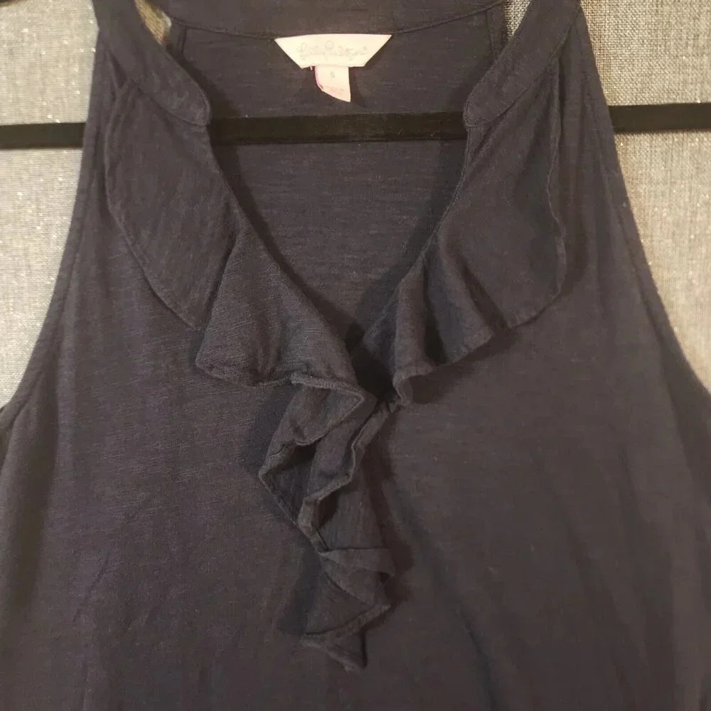 Lilly Pulitzer Mini Dress Women's Small Navy Ruffle Stretchy V-Neck Sleeveless - Picture 6 of 7